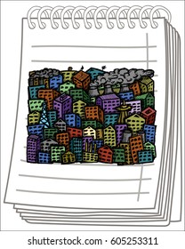 Free hand drawn color city on notebook background. Vector illustration.