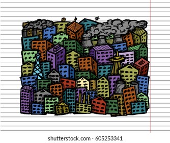 Free hand drawn color city on copybook background. Vector illustration.