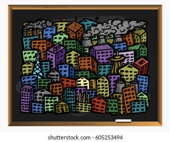 Free hand drawn color city on blackboard background. Vector illustration.