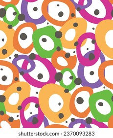 Free hand drawn doodle circles seamless pattern swatch. Random blob brush ink stroke rounded bright shapes, rainbow colour palette, spotted dots. White color background. Vector illustration