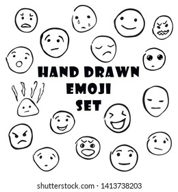 free hand drawn emoticons set isolated on white background. Hand drawn set of emoticons, emoji smiley icons. Funny emoticon set. Hand drawn vector illustration set of emoticons faces. Hand Drawn Emoji