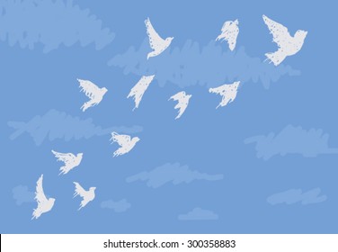 Free hand drawn a flock of pigeons. Vector illustration.