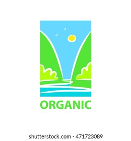Free hand drawn illustration natural organic product. Vector logo for home business company with image of green valley. Element of corporate identity for local farm and natural source organic food.