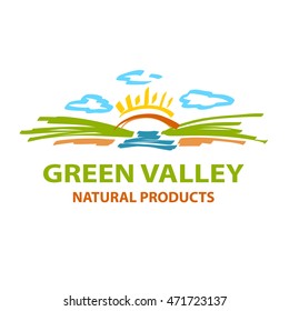 Free hand drawn illustration for natural organic product. Vector logo home business company with image of green valley. Element of corporate identity for local farm and natural source organic food.