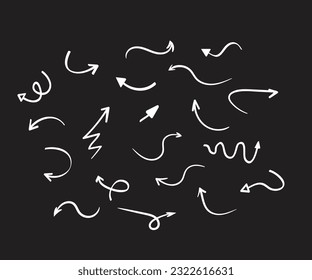 Free hand drawn line drawing arrow set design isolated on black background