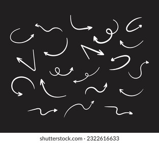 Free hand drawn line drawing arrow set design isolated on black background