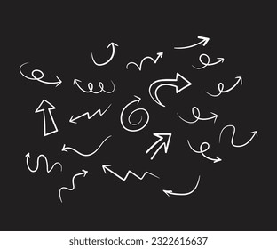 Free hand drawn line drawing arrow set design isolated on black background