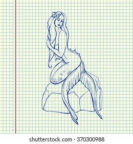 Free hand drawn mermaid on a rock in the sea. Blue pen drawing in copy book. Vector illustration