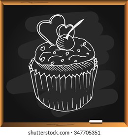 Free hand drawn muffin on black chalkboard. Vector illustration.
