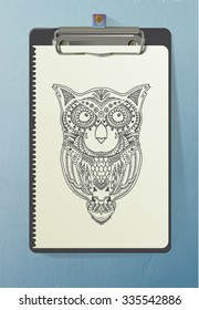 Free hand drawn owl zen tangle style on clipboard/Vector illustration