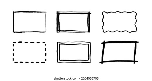 Free hand drawn rectangle frames set. Doodle rectangular shape. Scribble pencil square text box. Doodle highlighting design elements. Line border. Vector illustration isolated on white background.