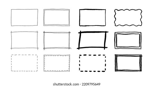 Free hand drawn rectangle frames set. Doodle rectangular shape. Scribble pencil square text box. Doodle highlighting design elements. Line border. Vector illustration isolated on white background.