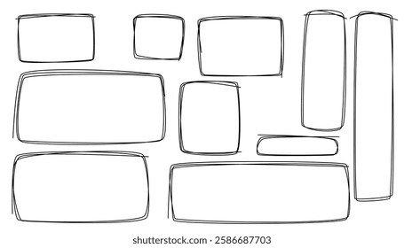 Free hand drawn rectangle frames set. one line square set. doodle frame design. hand drawn frames set. pencil square text box. line border