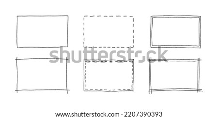 Free hand drawn rectangle frames set. Doodle rectangular shape. Scribble pencil square text box. Doodle highlighting design elements. Line border. Vector illustration isolated on white background.