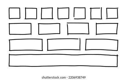 Free hand drawn rectangles and squares in different sizes. Scribble rectangular frames set. Freehand doodle square borders. Text highlight underline. Vector illustration isolated on white background.