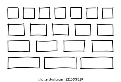 Free hand drawn rectangles and squares in different sizes. Scribble rectangular frames set. Freehand doodle square borders. Text highlight underline. Vector illustration isolated on white background.