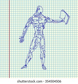 Free hand drawn robot read a book. Vector illustration.