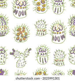 Free hand drawn seamless pattern of cacti doodles. Perfect for scrapbooking, greeting card, poster, textile and prints. Vector illustration for decor and design.
