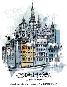 Free hand drawn sketch of Copenhagen sights