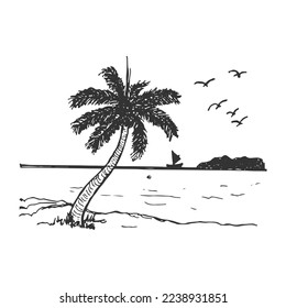 Free hand drawn sketch with pen illustration of beach. Beach drawing with silhouette of yacht and birds. Vector illustration freehnd draw.