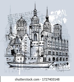 Free hand drawn sketch of stralsund sights