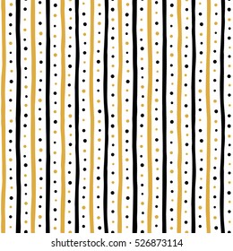 Free hand drawn stripes and dots vector seamless pattern. Uneven black and yellow, gold bars and round spots on white background. Abstract streaks and dots texture.