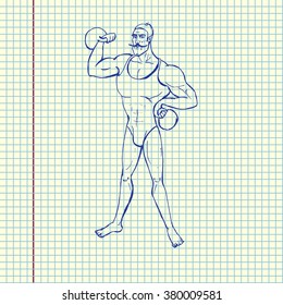 Free hand drawn strong man with dumbbells. Sketch in copybook. Vector stock illustration