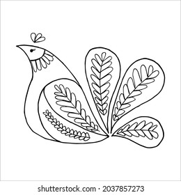 Free hand drawn stylized proud hen bird in doodle or sketch style. Children's and adult coloring pages, anti-stress. Postcard, invitation, greeting card, poster.