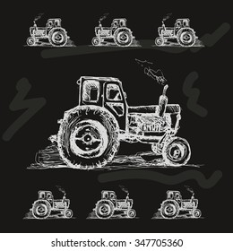 Free hand drawn tractor on black background. Vector illustration.