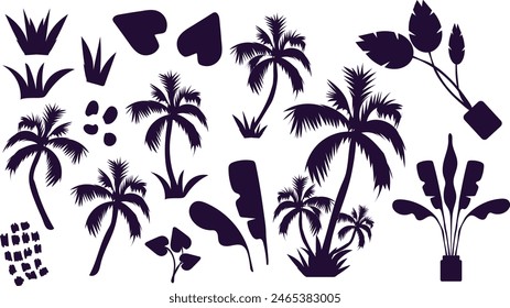 free hand drawn vector coconut trees, palm trees and other tropical leaves and plants for any social media graphic and more.