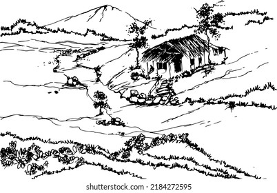 Free hand drawn vector nature illustration with mountain and a house on main view. Made with 0.5mm drawing pen. Using for travel and nature background and card