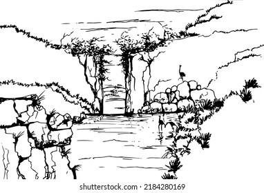 Free hand drawn vector nature illustration with waterfall on main view. Made with 0.5mm drawing pen. Using for travel and nature background, drawing book cover and card