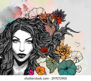 Free hand fashion illustration with pretty girl and flowers