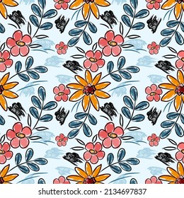 Free hand flowers with texture brush seamless pattern. This pattern can be use for fabric textile wallpaper.