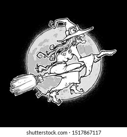 Free Hand Halloween Cartoon illustration of Witch on a Broom against a full Moon. Vectorized with Lineart, Shading, Color n Background of all elements neatly organized in well-defined layers n groups