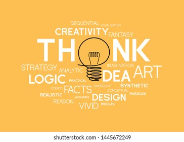 Free hand light bulb design composition interacting replace to i of think and idea words in group of word cloud typography that related to creativity and brain function on yellow background. vector