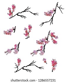 Free hand Sakura flower vector set, Beautiful line art Peach blossom isolate on white background