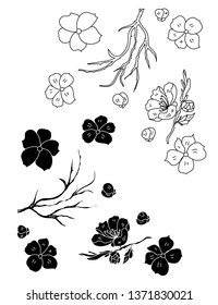 Free hand Sakura flower vector set, Beautiful line art Peach blossom isolate on white background