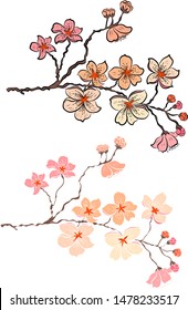 Free hand Sakura flower vector set, Beautiful line art Peach blossom isolate on white background