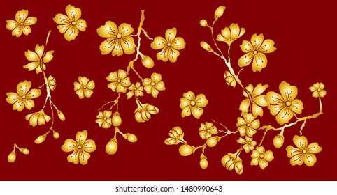 Free hand Sakura flower vector set, Beautiful line art Peach blossom isolate on white background.Traditional symbol of spring in japan.graphic cherry in the shape of circle for backdrops.