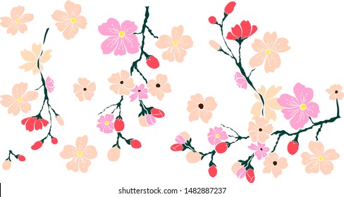 Free hand Sakura flower vector set, Beautiful line art Peach blossom isolate on white background.Traditional symbol of spring in japan.graphic cherry in the shape of circle for backdrops.