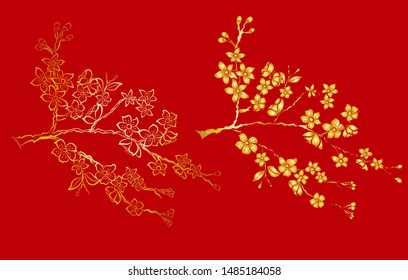 Free hand Sakura flower vector set, Beautiful line art Peach blossom isolate on white background.Traditional symbol of spring in japan.graphic cherry in the shape of circle for backdrops.