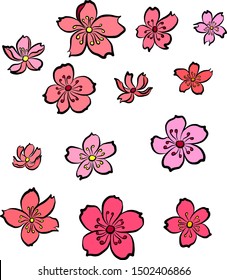 Free hand Sakura flower vector set.Beautiful line art Peach blossom isolated on white background.