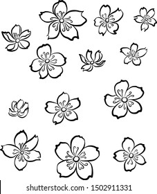 Free hand Sakura flower vector set.Beautiful line art Peach blossom isolated on white background.
