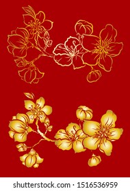 Free hand Sakura flower vector set, Beautiful line art Peach blossom isolate on white background.Branch of cherry blossom for printing on wallpapers and sticker.Japanese flower.Golden line art.
