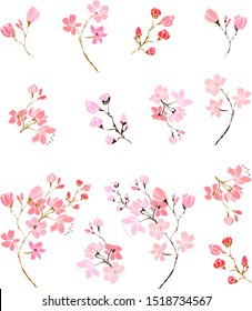 Freie Hand Sakura Blume Vektorset, Schöne Linie Kunst Pfirsichblüte einzeln auf weißem Hintergrund.