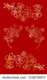 Free hand Sakura flower vector set, Beautiful line art Peach blossom isolate on white background.Golden Cherry blossom on red background for printing on wallpaper.