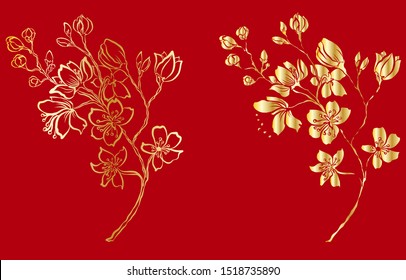 Free hand Sakura flower vector set, Beautiful line art Peach blossom isolate on white background.Golden Cherry blossom on red background for printing on wallpaper.