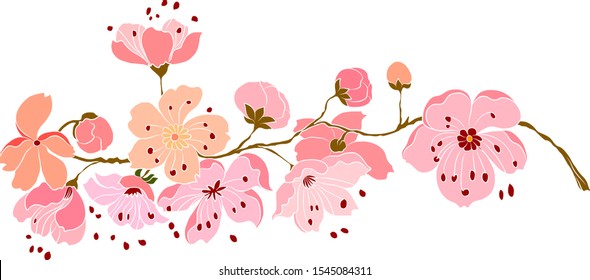 Free hand Sakura flower vector set, Beautiful line art Peach blossom isolate on white background.Branch of cherry blossom for painting on wallpaper or tattoo idea on background.