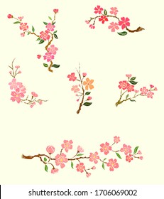 Free hand Sakura flower vector set, Beautiful line art Peach blossom isolate on white background.Golden Cherry blossom on red background for printing on wallpaper.